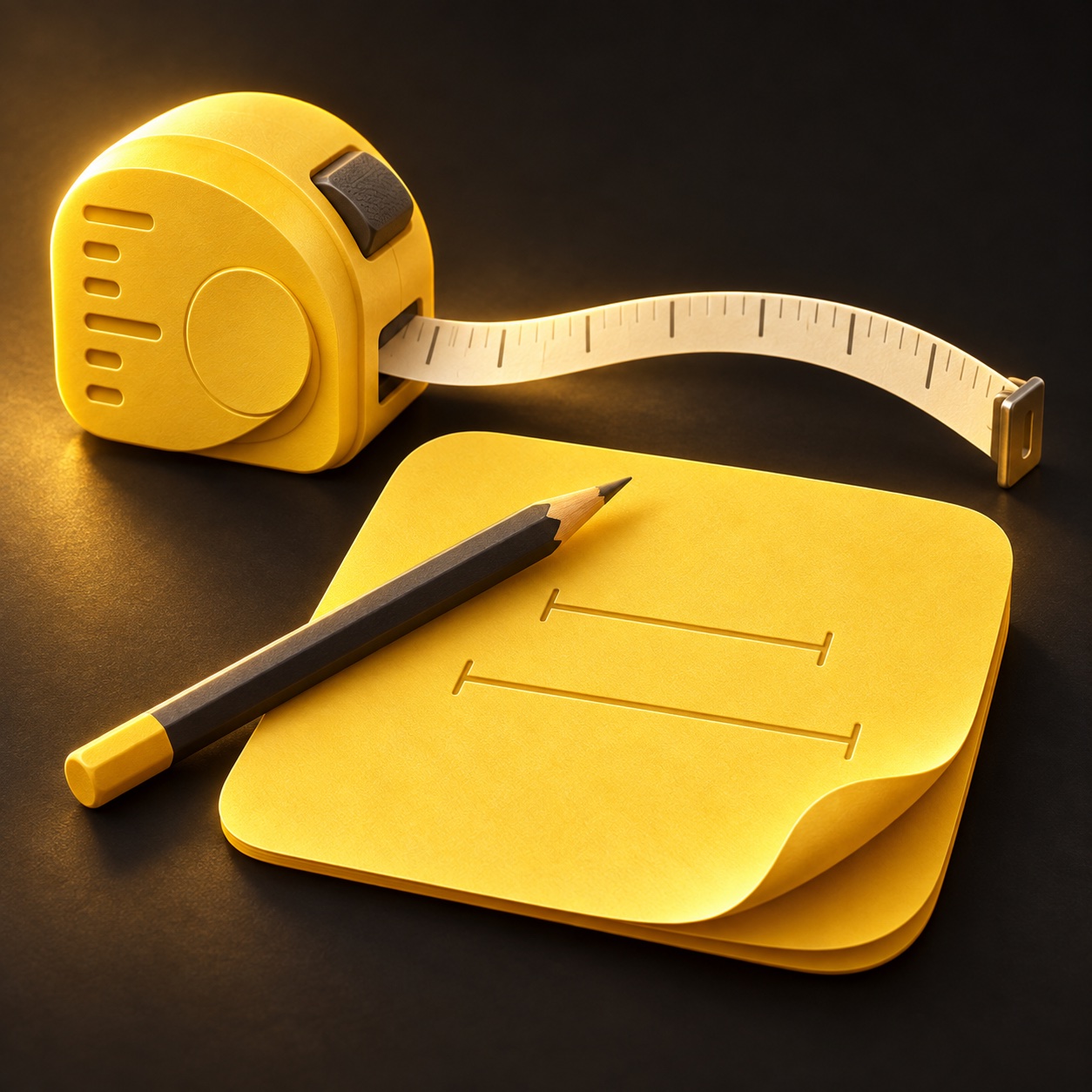 Illustration of a tape measure and pencil beside a yellow note for saving dimensions.