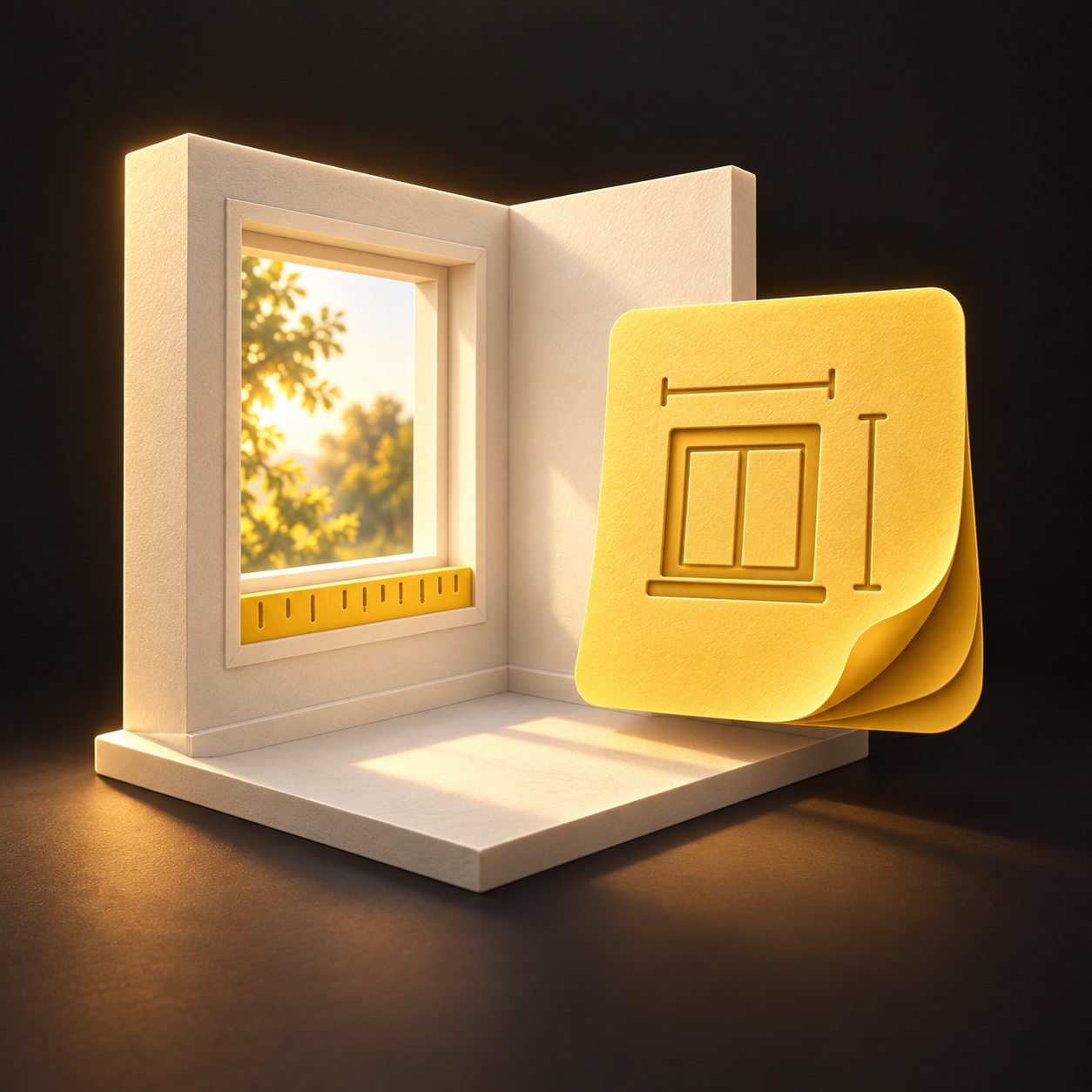 Illustration of a room and window beside a yellow card that keeps their measurements together.