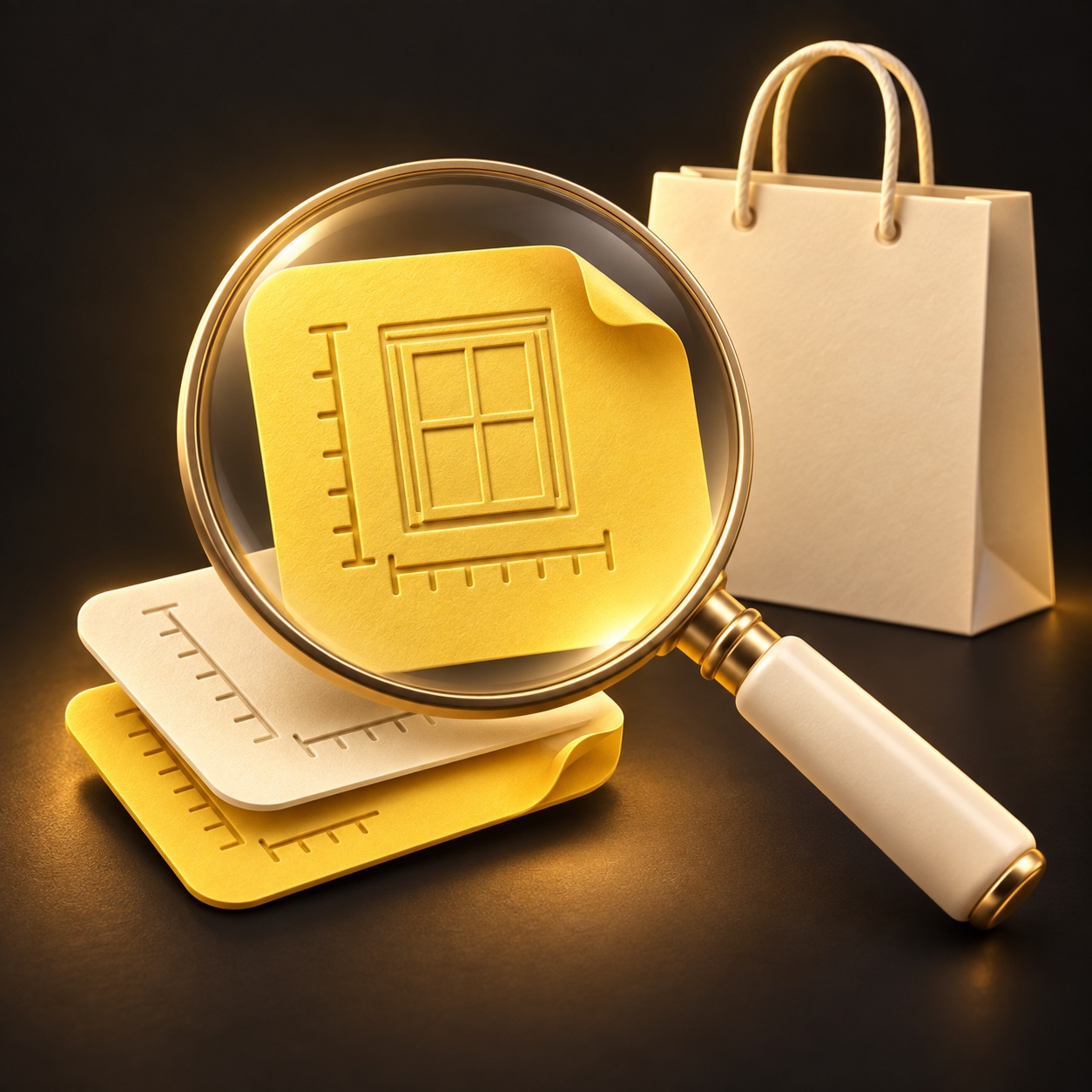 Illustration of a magnifying glass finding a saved window measurement beside a shopping bag.