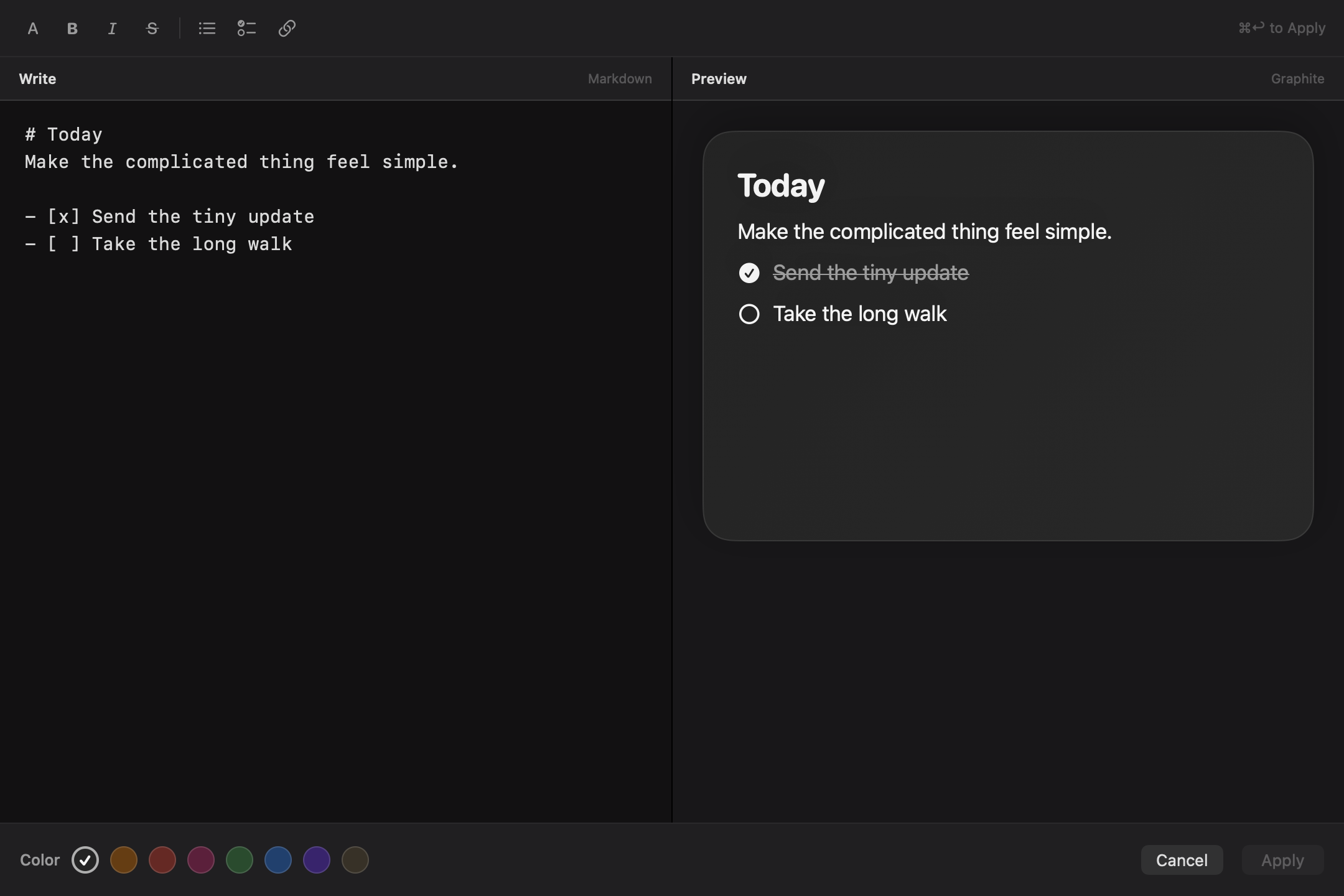 Writing a note in Scribs, with the formatted result previewed beside the editor.