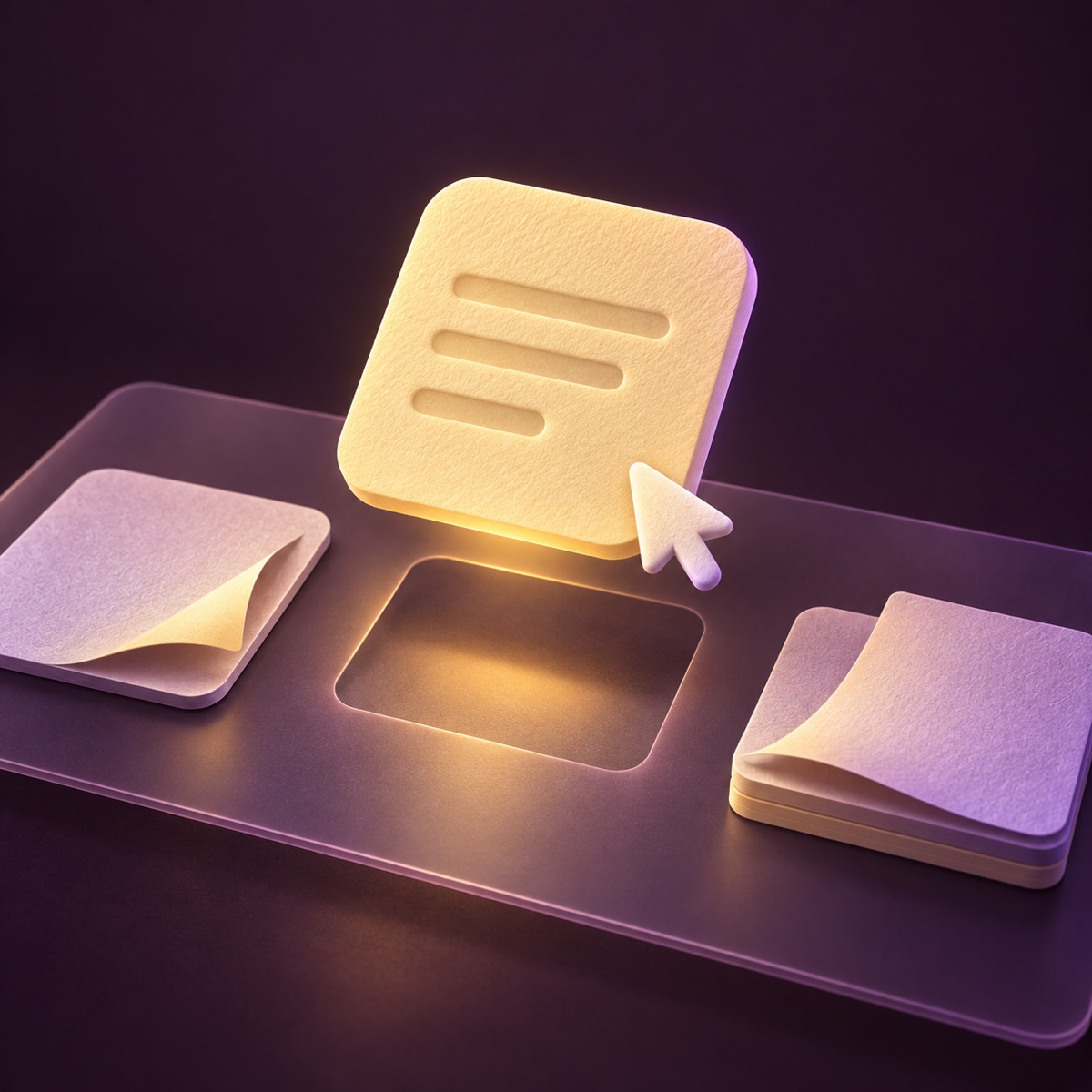 Illustration of a yellow note widget finding its place on a plum desktop beside other notes.