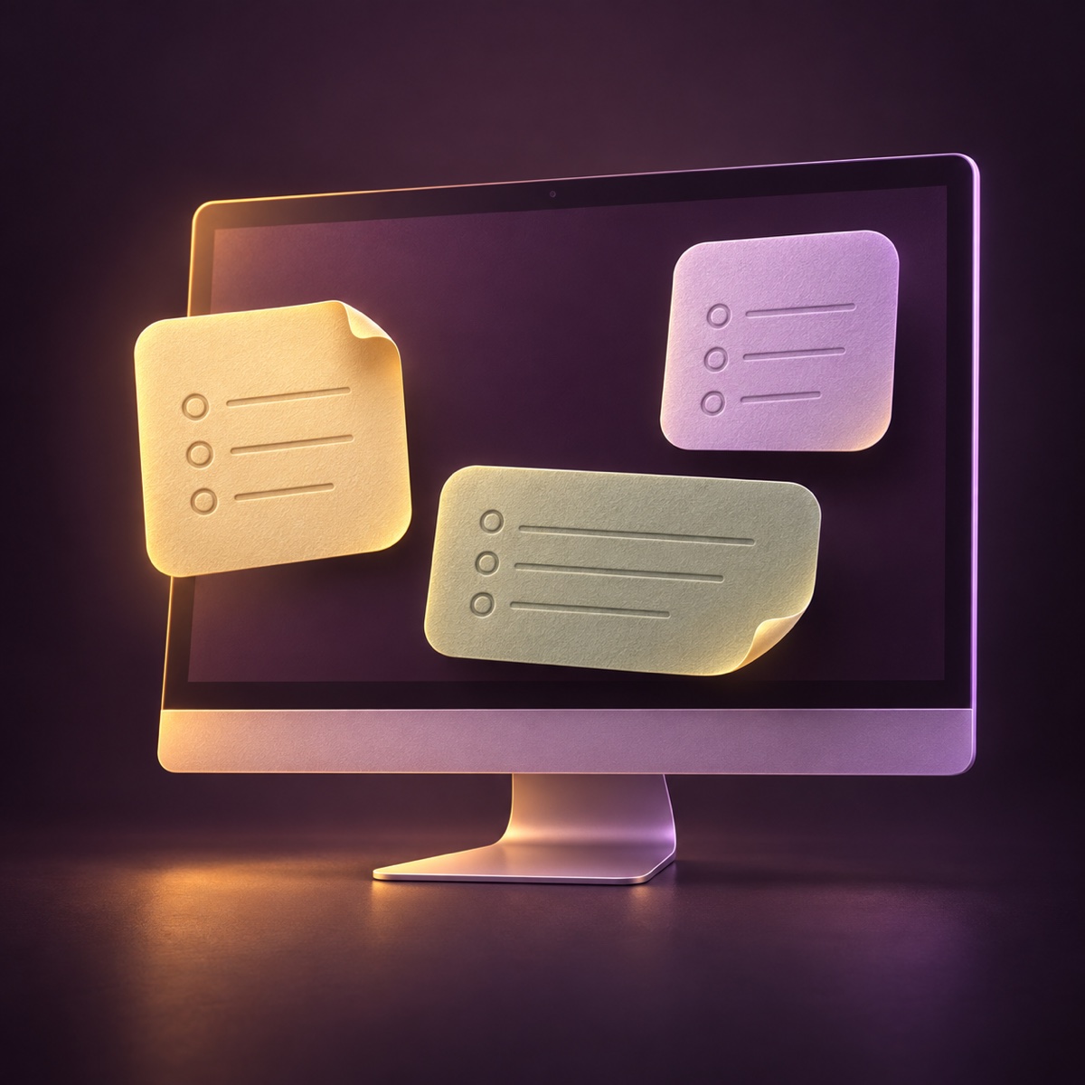 Illustration of colourful paper-like note widgets floating in front of a Mac desktop.