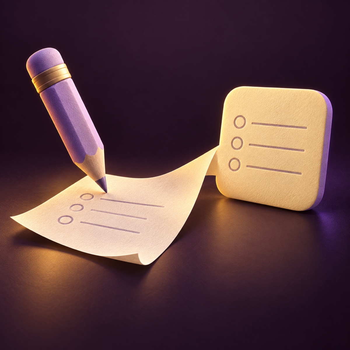 Illustration of a lilac pencil writing a paper list that becomes a small yellow widget.