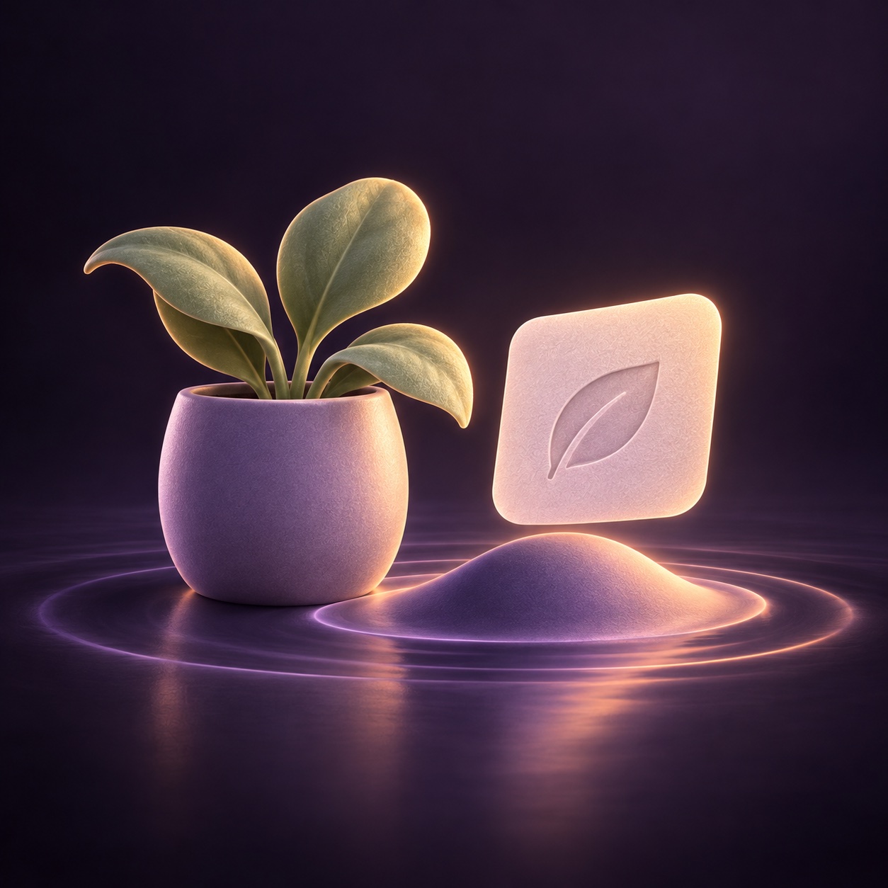 Illustration of a plant and a floating leaf reminder above a soft purple bump.